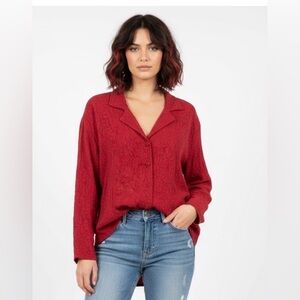 URU by Kristine Rrik Red Silk Embossed Jacquard Top - Size XL